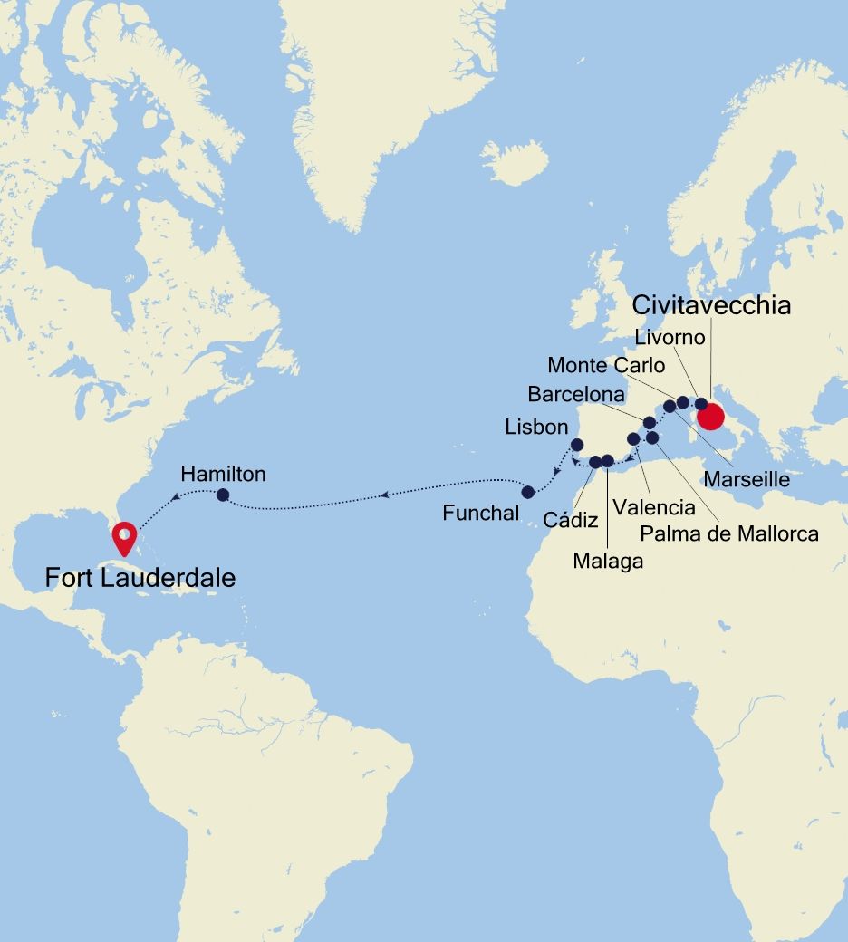 Mediterranean Special Voyage: Civitavecchia to Fort Lauderdale Itinerary Map